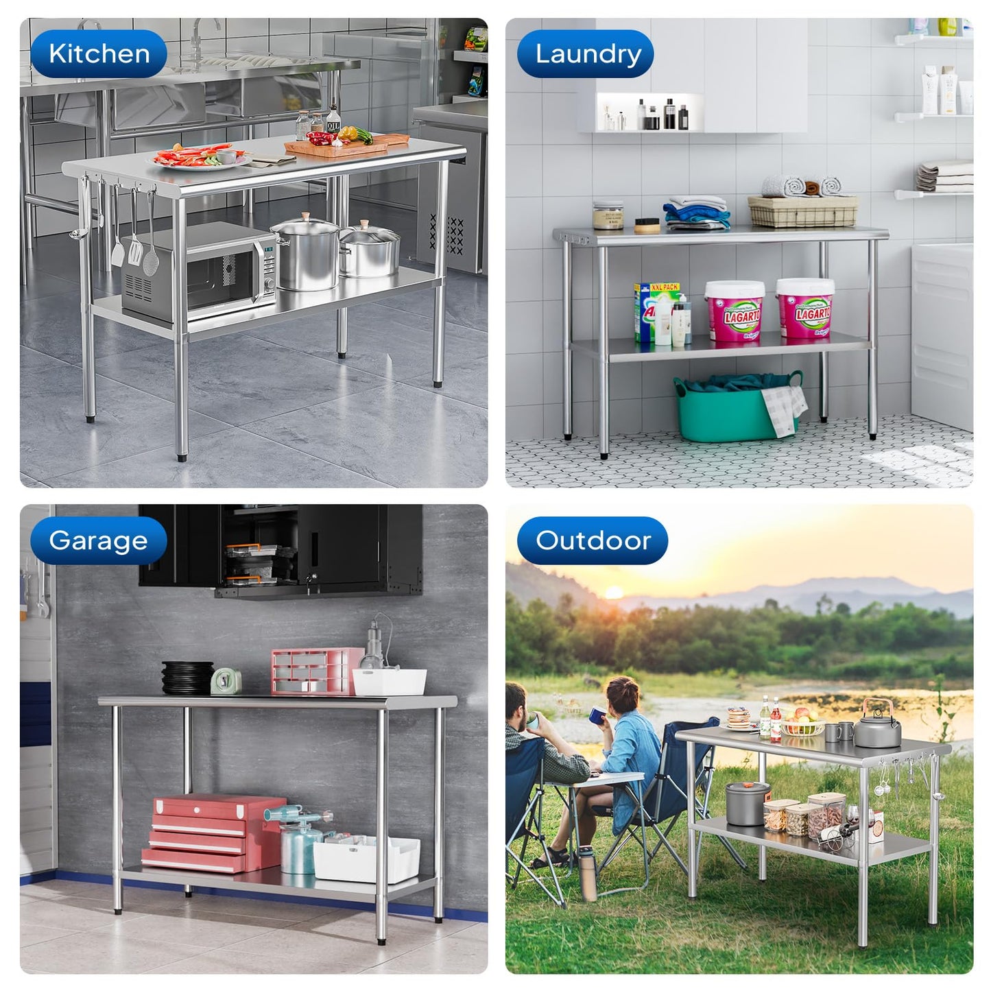 ROVSUN 48'' x 24'' Stainless Steel Table for Prep & Work,Commercial Worktables & Workstations, NSF Heavy Duty Metal Table with Adjustable UnderShelf for Kitchen, Restaurant, Home, Hotel, Outdoor