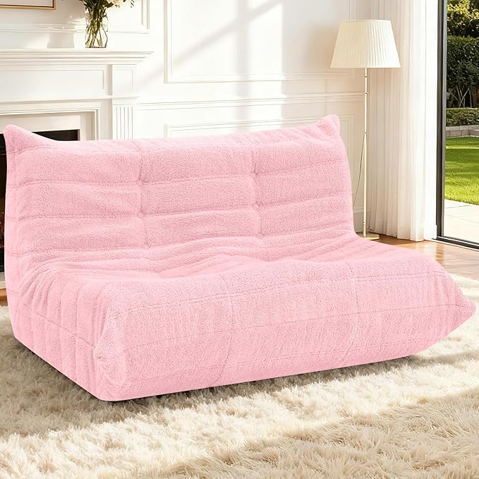 HABUTWAY Bean Bag Chairs Fireside Lazy Floor Sofa, Soft Teddy Fleece 2 Seater Sofa with High-Resilience Foam Filling，Beanbag for Living Room, Bedroom, Office (Pink Teddy)