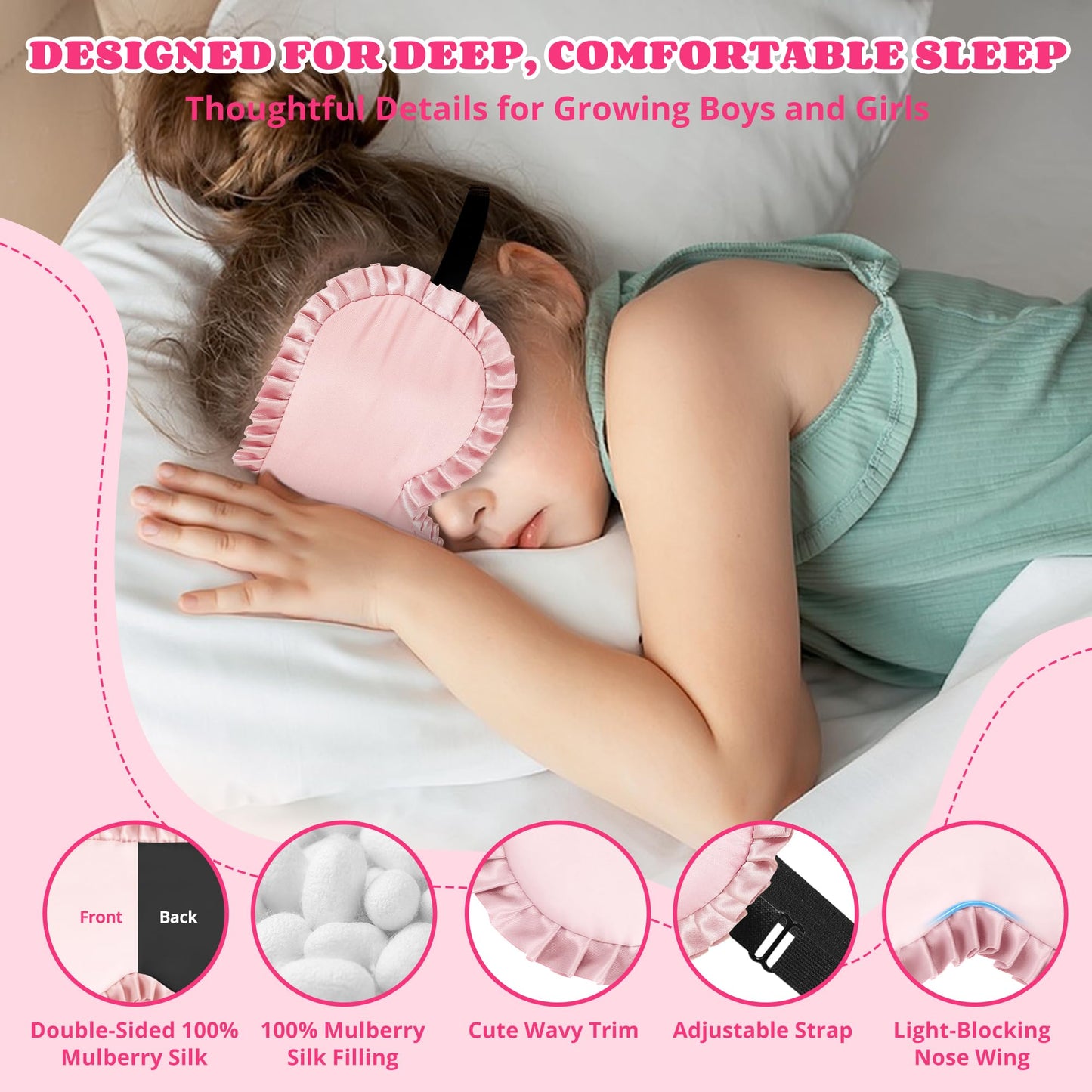 Kids Sleep Mask Eye Cover, 100% Real Mulberry Silk Sleep Mask with Adjustable Strap, Kids Blindfold for Sleeping, Boys Girls Eye Shade for Ages 5+, Soft and No Pressure (Pink)
