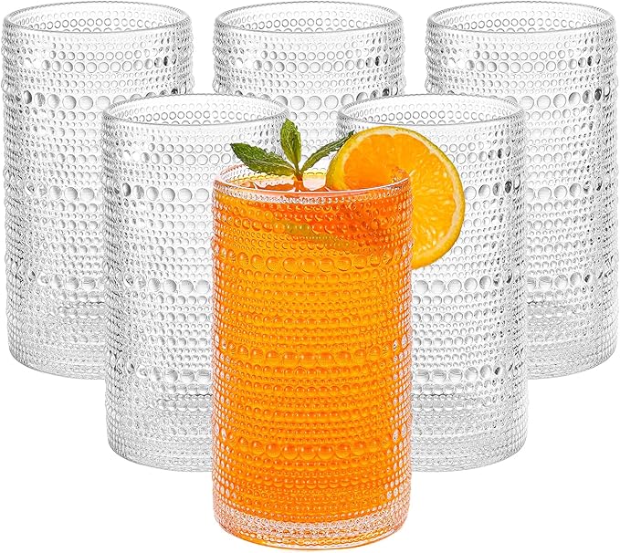 HEFBCOMK Large Vintage Hobnail Drinking Glasses Set of 6, 16oz Clear Highball Glasses Cups, Kitchen Water Glasses Cup, for...