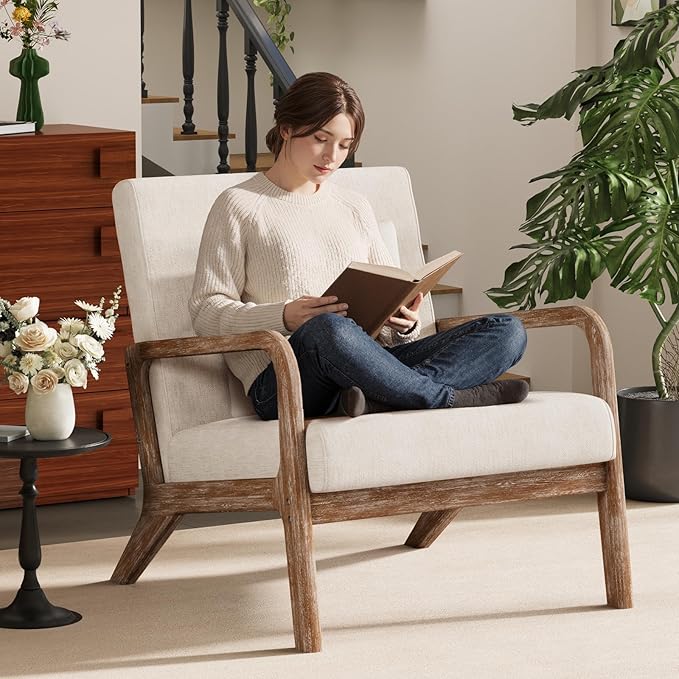 ELUCHANG Mid-Century Modern Chair,Accent Chair with Lumbar Pillow,Upholstered Armchair,Linen Fabric Comfy Reading Chair Beige, Linen, New Armrest, Set of 1
