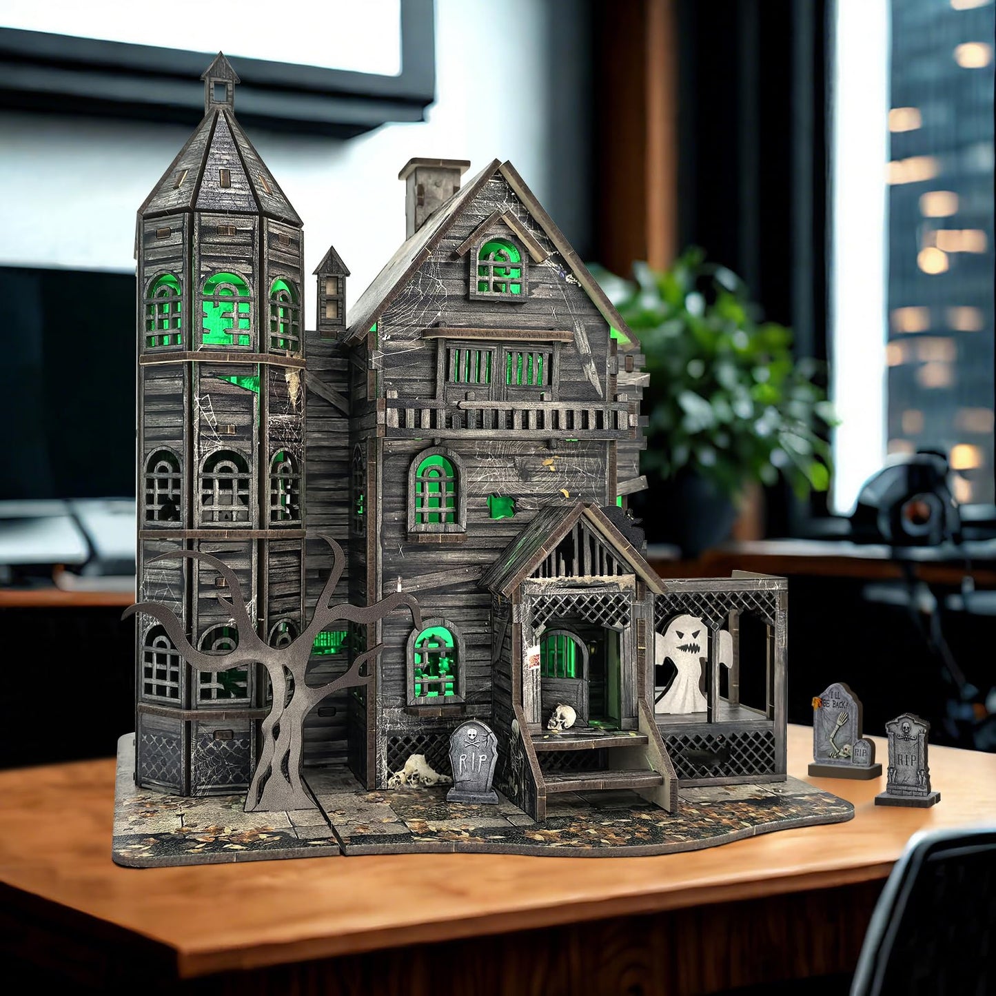 DIY Mini House Kit, Miniature Haunted House Kits with LED Accessories Furniture, 3D Wooden Puzzles for Adults, Dollhouse Craft Gifts for Girls, Boys, Teens