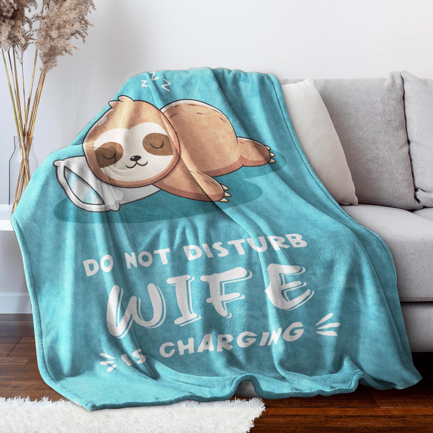 Funny Anniversary Birthday Gifts for Wife, Wife is Charging Sloth Blanket, Wifey Gifts from Husband, Wedding, Mother's Day, Valentines Day Present for Women, Super Soft Blanket for Her