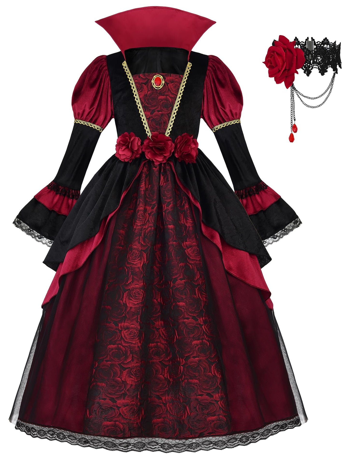 ReliBeauty Mediaeval Vampire Costume for Girls with Necklace Deluxe Vampire Costume Kids,110