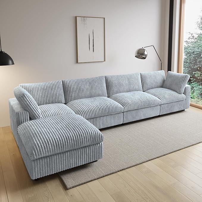 Modular Sectional Sofa/ 158inch Cloud Couches with Ottoman for Living Room/Soft Faux Rabbit Fur L Shaped Couch with Chaise,5 Seater Wide Convertible Sofa,Covers Washable&Replaceable,Grey