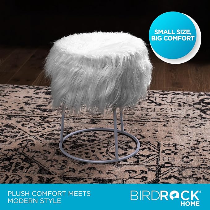 BIRDROCK HOME Round Faux Fur Foot Stool - Small Padded Ottoman w/Soft Cushion for Living Room, Bedroom, or Makeup Room - Modern Upholstered Accent Chair, Vanity Seat, Footrest for Couch/Sofa - White