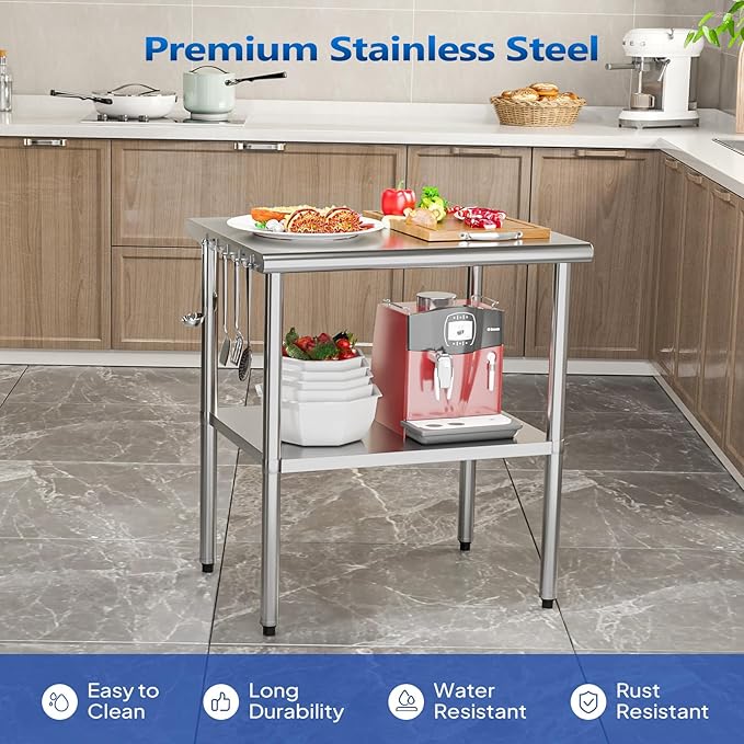 ROVSUN 36'' x 24'' Stainless Steel Table for Prep & Work,Commercial Worktables & Workstations, NSF Heavy Duty Metal Table with Adjustable UnderShelf for Kitchen Restaurant, Home, Hotel, Outdoor