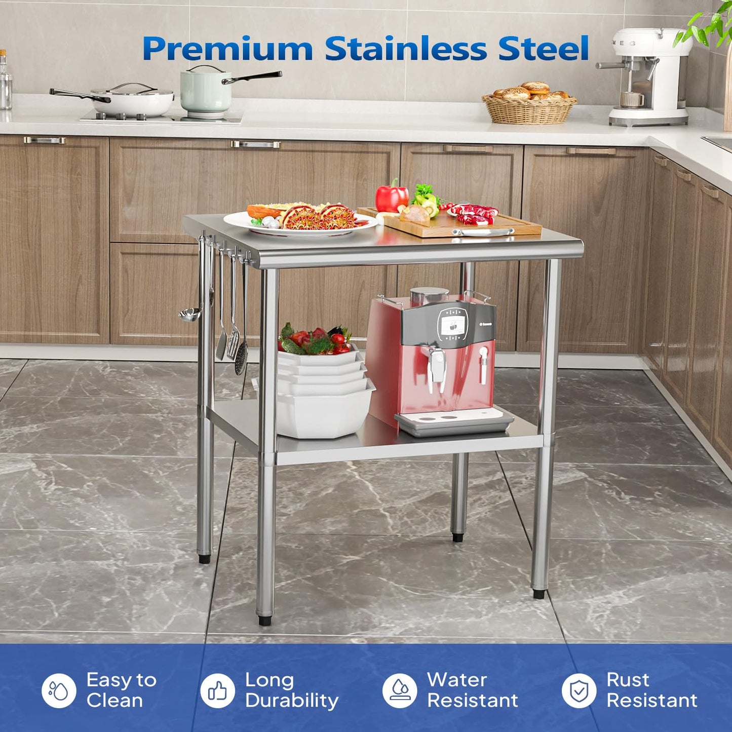 ROVSUN 36'' x 24'' Stainless Steel Table for Prep & Work,Commercial Worktables & Workstations, NSF Heavy Duty Metal Table with Adjustable UnderShelf for Kitchen Restaurant, Home, Hotel, Outdoor