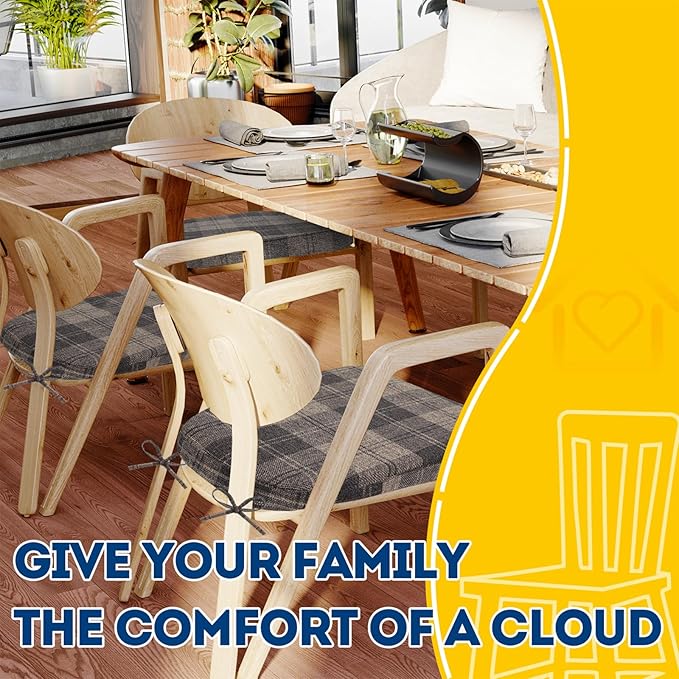 AAAAAcessories D-Shaped Chair Cushions, 2" Thick Dining Chair Pads with Ties and Removable, Machine-Washable Cover, 17" x 16", Set of 6, Brown Checkered