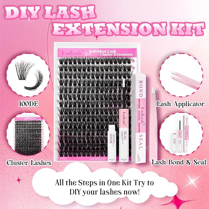 FADLASH Lash Extension Kit 100D Lash Clusters C Curl Lash Cluster Kit DIY Eyelash Extension Kit with Lash Bond and Seal Lash Tweezer 3D Fluffy Cluster Lashes (Kit, 100D-0.07C-Mix12-18)