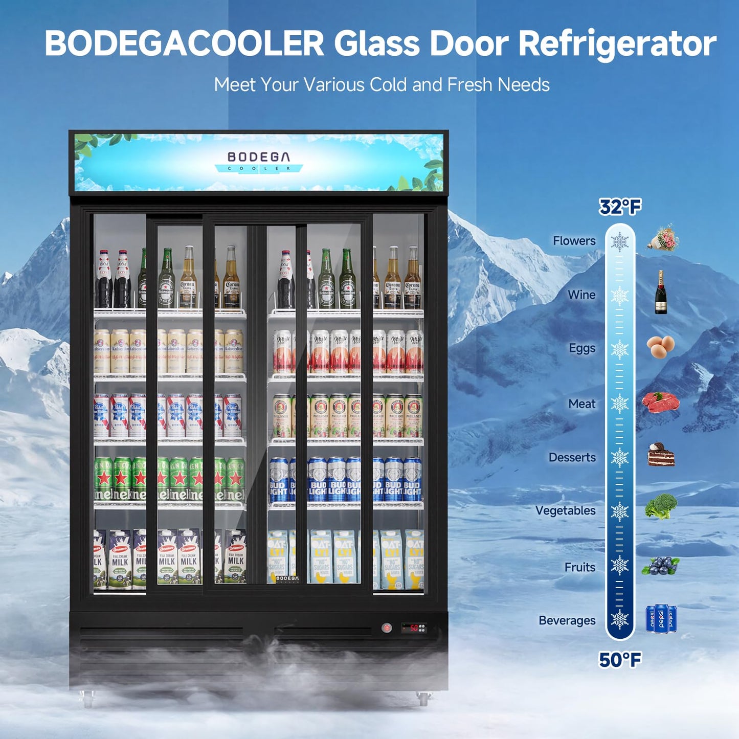 BODEGACOOLER Commercial Merchandiser Refrigerator, Upgrade Automatic Rebound Sliding Door Display Cooler, 2 Glass Door Display Drink Cooler with LED Light, Adjustable Shelves,Castors for Store,Office