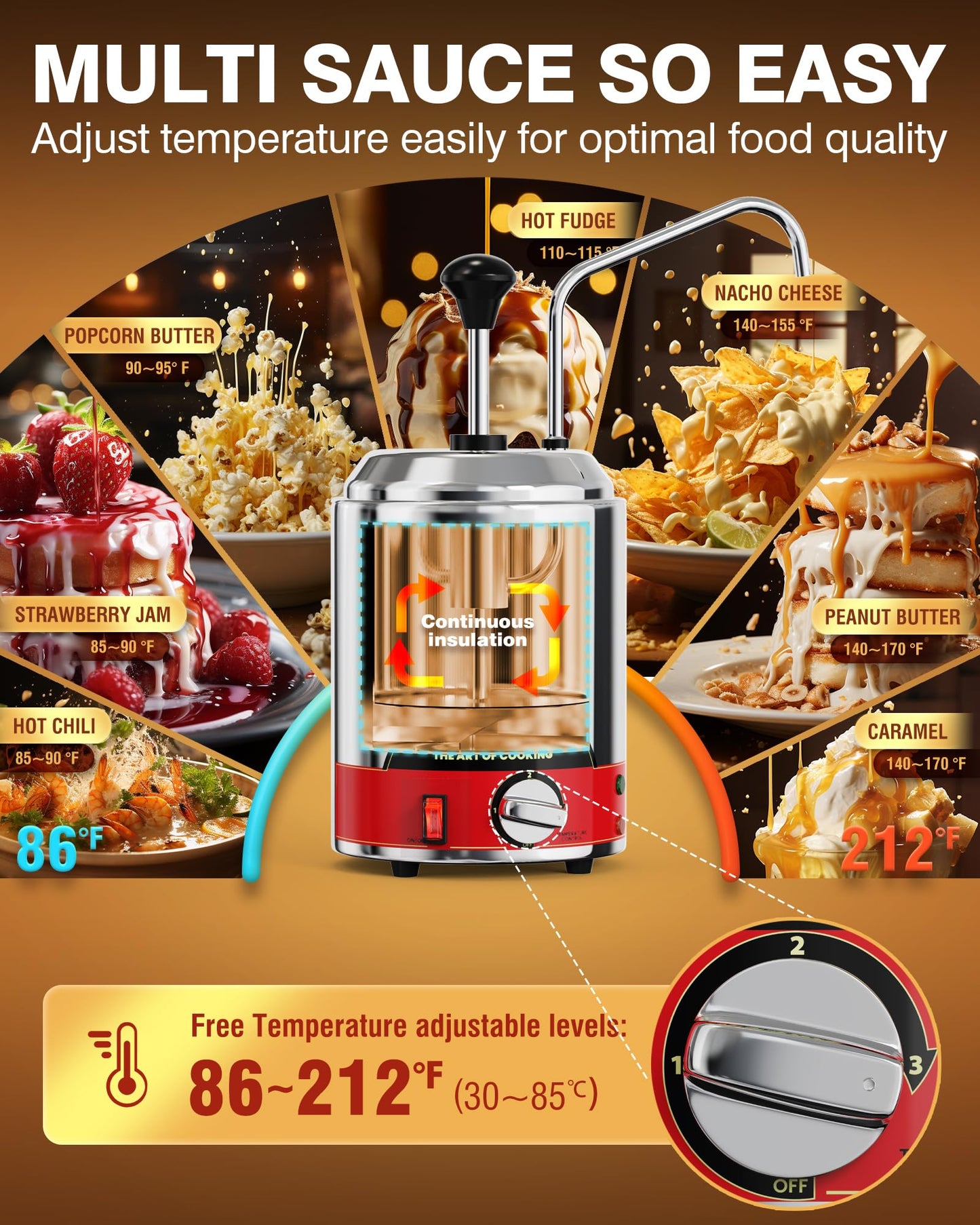 WantJoin Nacho Cheese Dispenser with Pump - 2.6 Qt Cheese w/Warmer Stainless Steel Pump Hot Fudge Warmer 86-185°F Temperature Control, Commercial Nacho Cheese Warmer Dispenser for Hot Fudge Caramel