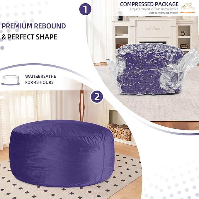 HABUTWAY Bean Bag Chair 3Ft Luxurious Velvet Ultra Soft Fur with High Rebound Memory Foam Bean Bag Chairs for Adults Plush Lazy Sofa with Fluffy Sponge 3' (Purple)