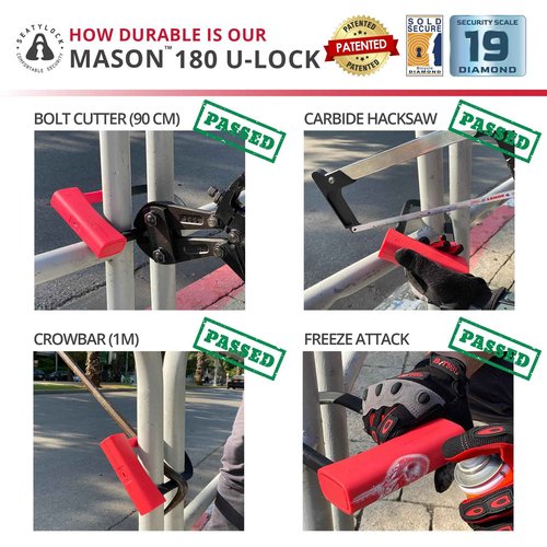 Seatylock Mason Bike U Lock - Patented Heavy Duty Anti Theft Diamond Secure ULock - Ultra Security Bicycle Safety Tool with Keys for City Electric or Mountain Bikes and Scooters (7.1 Inch)