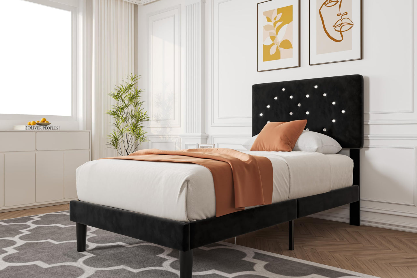 IDEALHOUSE Twin Bed Frame, Upholstered Platform Bed with Button Tufted Headboard & Under-Bed Storage Space, Sturdy Wooden Slats Support, No Box Spring Needed, Noise Free & Easy Assembly