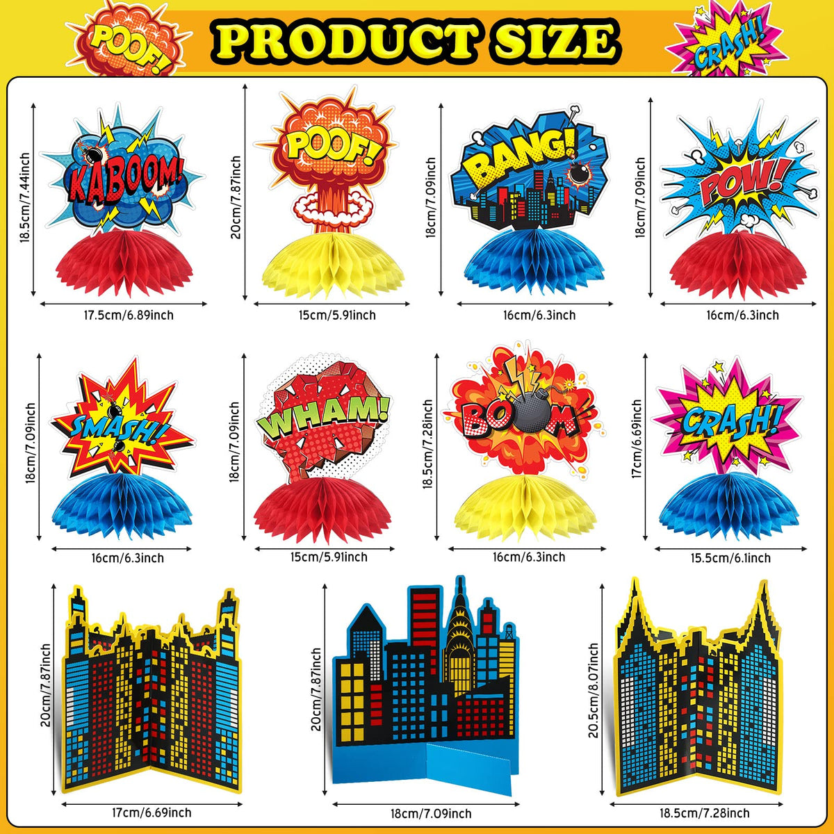 Funrous 11 Pieces Hero Party Decoration Hero Honeycomb Centerpieces 3D Table Topper Paper Large Word Centerpieces Fun Action Sign Standing Card for Birthday Baby Shower Decor Supplies(Classic)