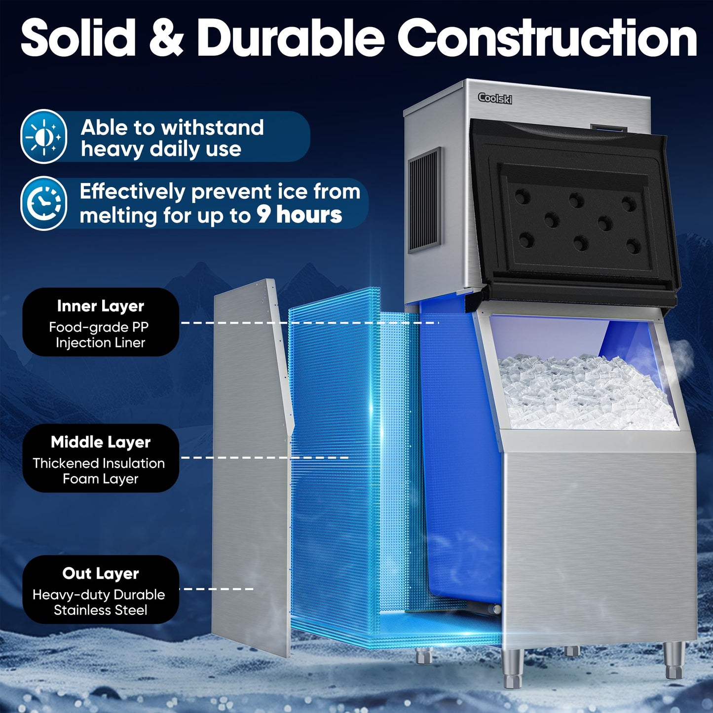 Coolski Commercial Ice Machine 420LBS/24H, 22”W Industrial Ice Maker with Large Storage Bin, Fast Ice Making, Upgraded Water Filters, DOE & ETL Certified, Ideal for Restaurants/Bars/Hotels