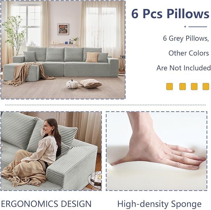 135.4" Cloud Sectional Couch with L-Shape Chaise, Modern Corduroy Boneless Couch for Living Room,Memory Foam Sofa with Deep Seat,No Assembly Required (Grey,Left-Facing Chaise)
