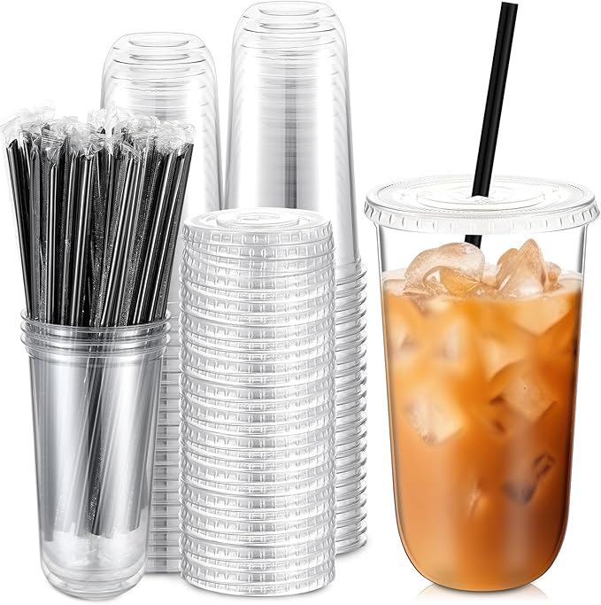Ziliny 50 Set 20 oz Clear Plastic Cups with Lids and Straws, Disposable Iced Coffee PET Cups for Drinking Cold Beverage Ju...