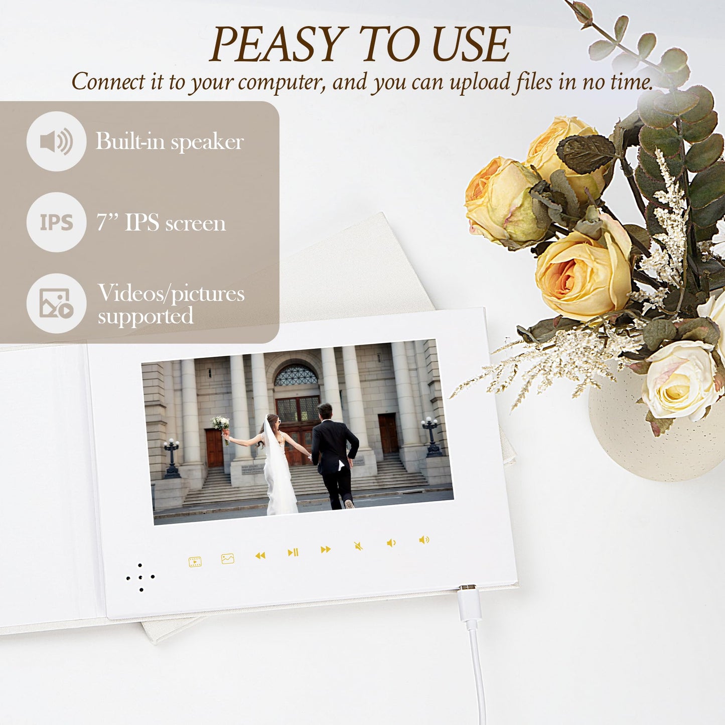 GXNI Luxury Linen Bound Video Book, 7" IPS Display, 4GB Memory, Rechargeable Battery, Up to 3 Hours HD Video Storage, Perfect for Weddings, Graduation Birthdays, Anniversaries, and More (Beige)