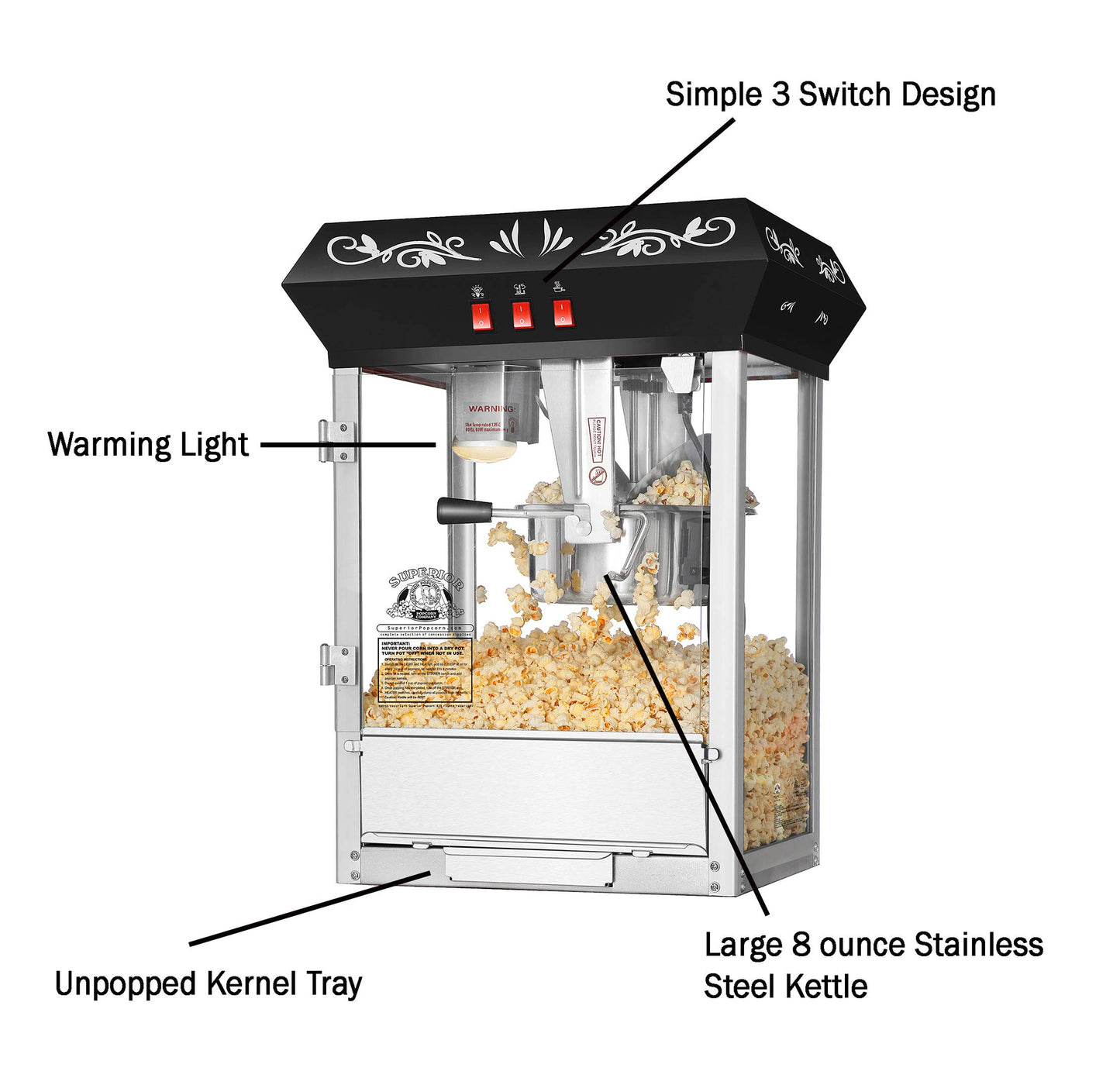 Countertop Popcorn Machine- Antique Style Movie Night Popper- 8oz Kettle, Old Maids Drawer, Warming Tray & Scoop by Superior Popcorn Company (Black)