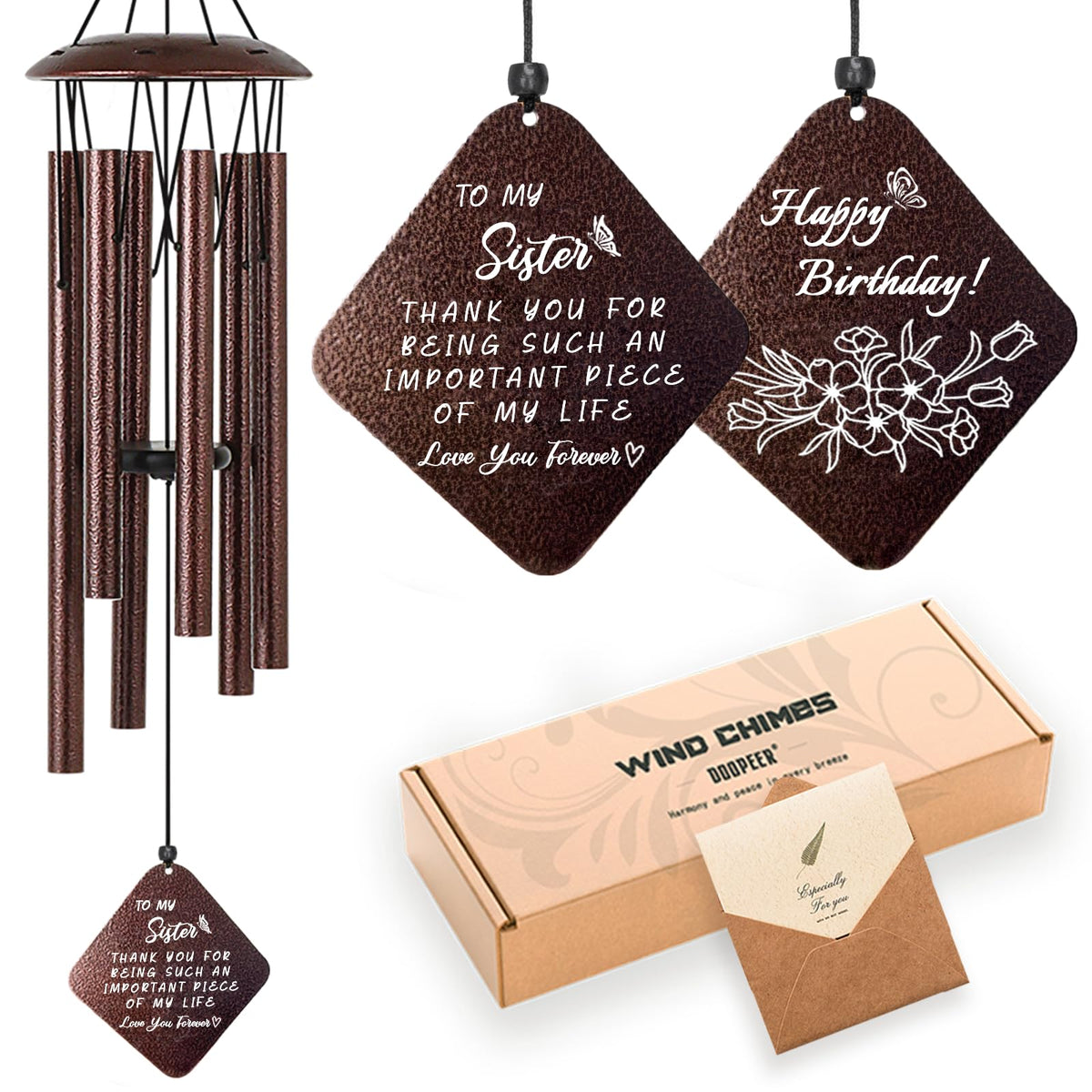 Doopeer Sister Birthday Gifts, Unique Birthday Gift Ideas for Sister from Sister Brother, 32" Bronze Wind Chimes