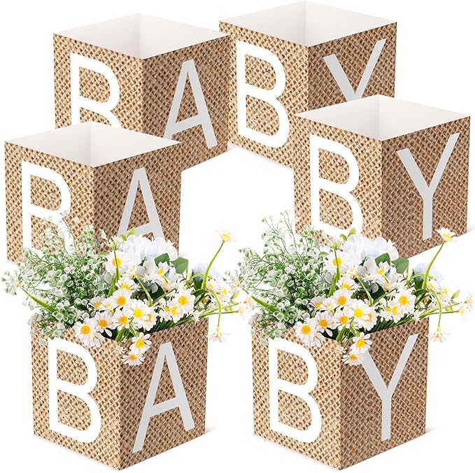 Noveread 6 Pcs Burlap Print Baby Shower Party Decorations Baby Flower Boxes Centerpiece Rustic Burlap Table Display with L...