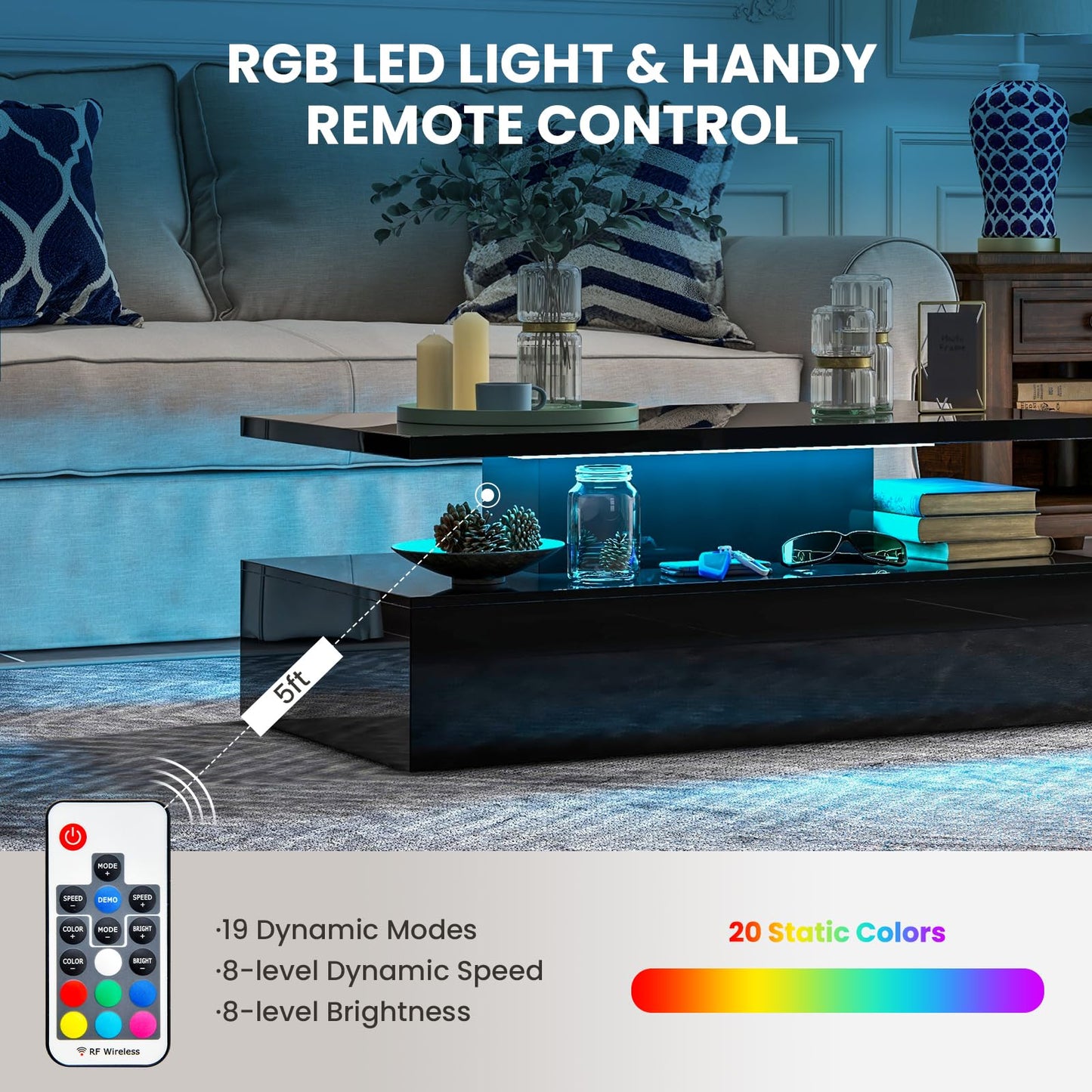 Tangkula LED Coffee Table, Modern High Gloss Coffee Table w/ 20-Color LED Lights, Adjustable Speed & Brightness, Remote Control, Open Shelf, 2-Tier Rectangle Living Room Center Table (Black)