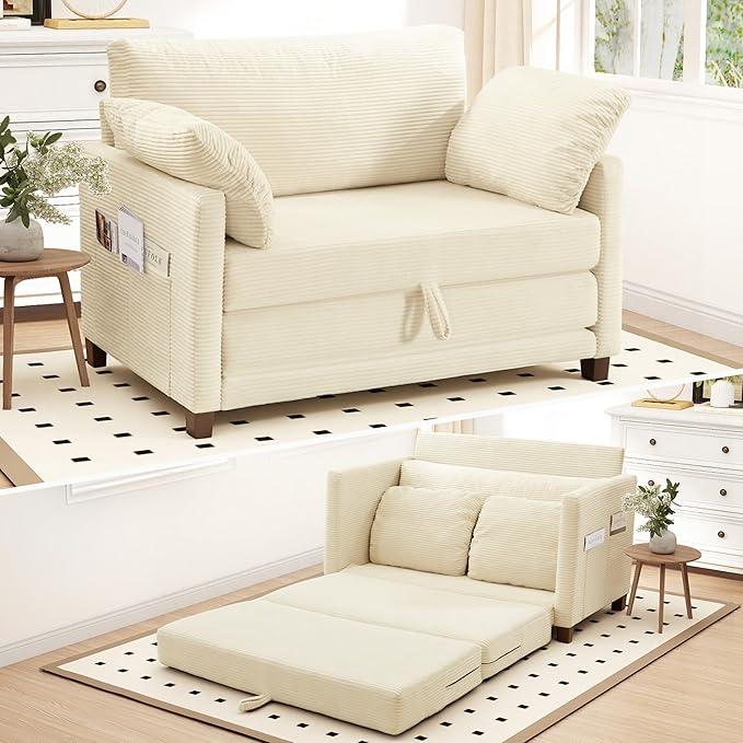 Myroyalsit 51" Convertible Loveseat Sofa Bed, 2-in-1 Folding Sofa Bed with 2 Pillow for Small Spaces, Modern Loveseat Sleeper Couch for Apartment, Living Room & Guest Room (Corduroy Beige, 51 inch)