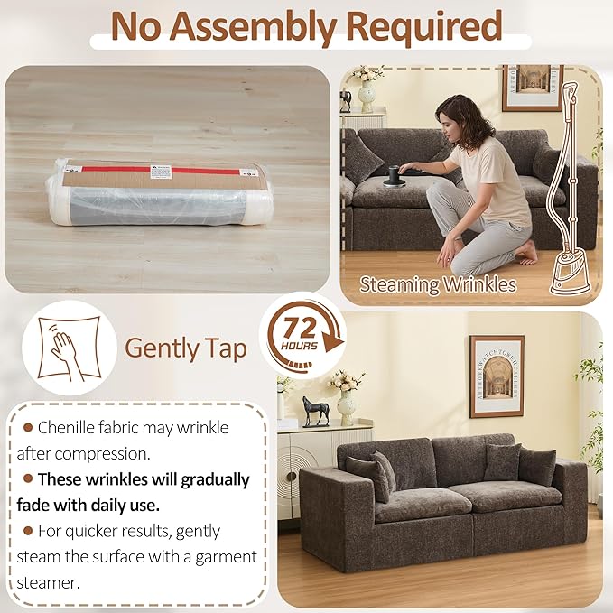 88''Cloud Boneless Sectional Couch, Modular Sectional Sofa Deep Seat, Upholstered Convertible Comfy Loveseat Chenille Memory Foam Sofa Couches for Living Room, Brown