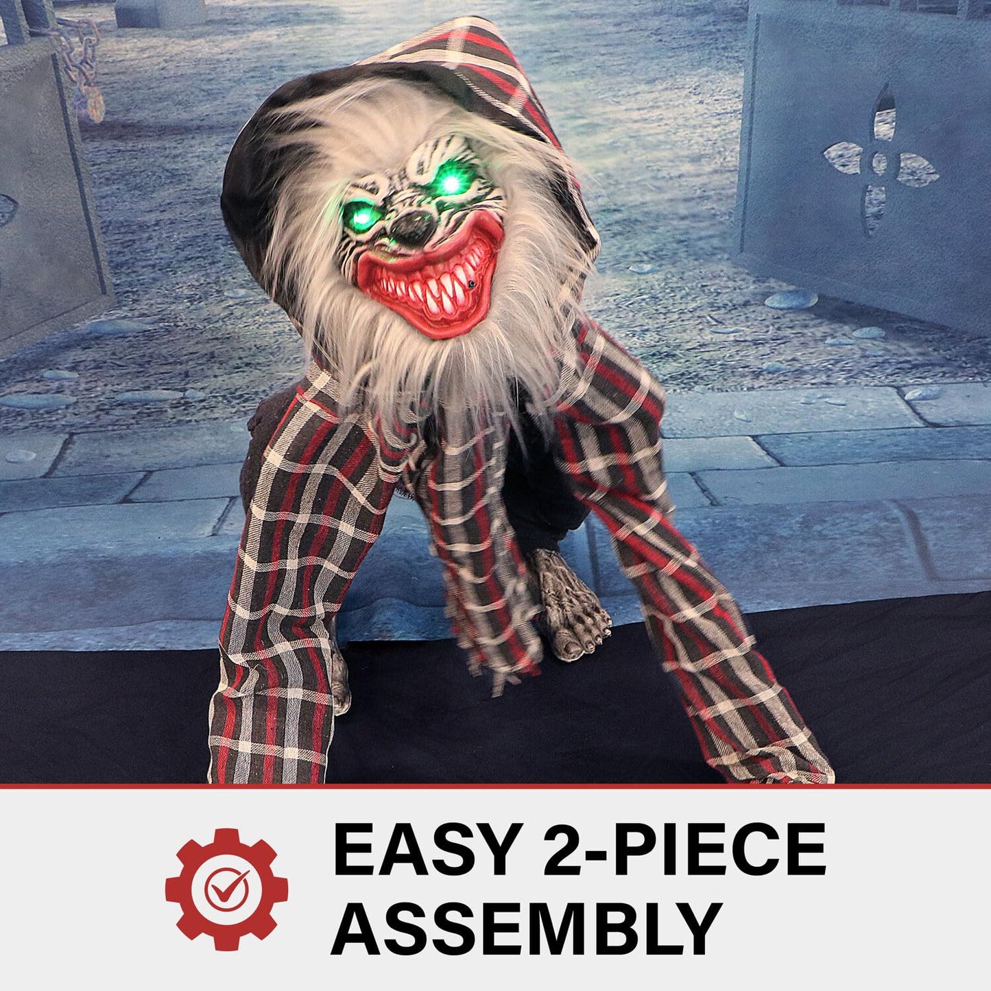 Haunted Hill Farm Squatting Werewolf Animatronic with Movement,Sounds,and Light-Up Eyes for Scary Halloween Decoration,24 x 18 x 30