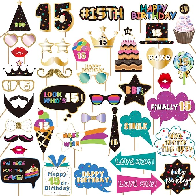 BRT Bearingshui 15th Photo Booth Props, Birthday Party Accessories, Signs, Decorations & Favors