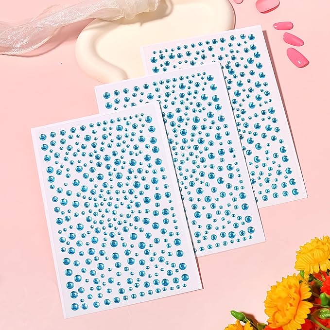 Self Adhesive Face Gems and Pearls for Makeup, Festival Jewels, Hair Gems, Rhinestone Stickers for Face, Eye, Makeup, Nail, Body, Crafts 3/4/5/6 mm 975Pcs (15.gem_lightblue)