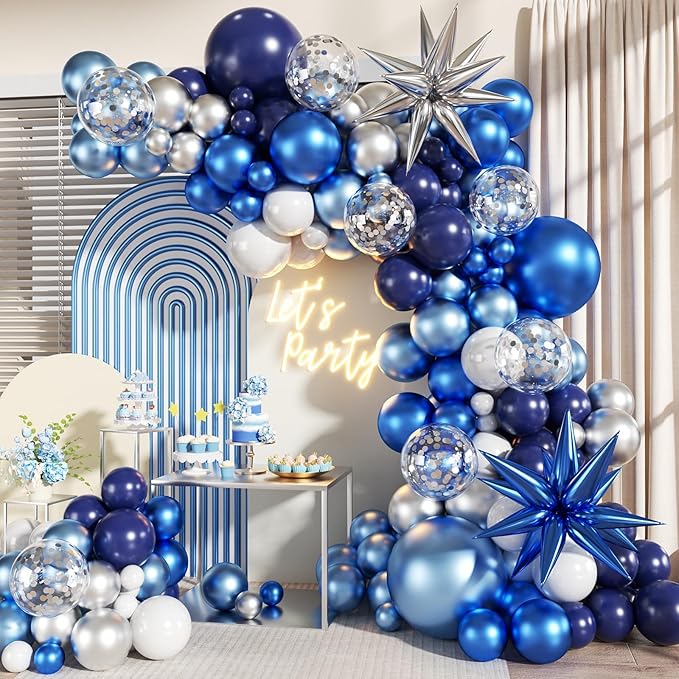Blue White Silver Balloon Garland Arch Kit, 140Pcs Navy Light Metallic Blue Silver White Confetti Balloons With Stars for ...