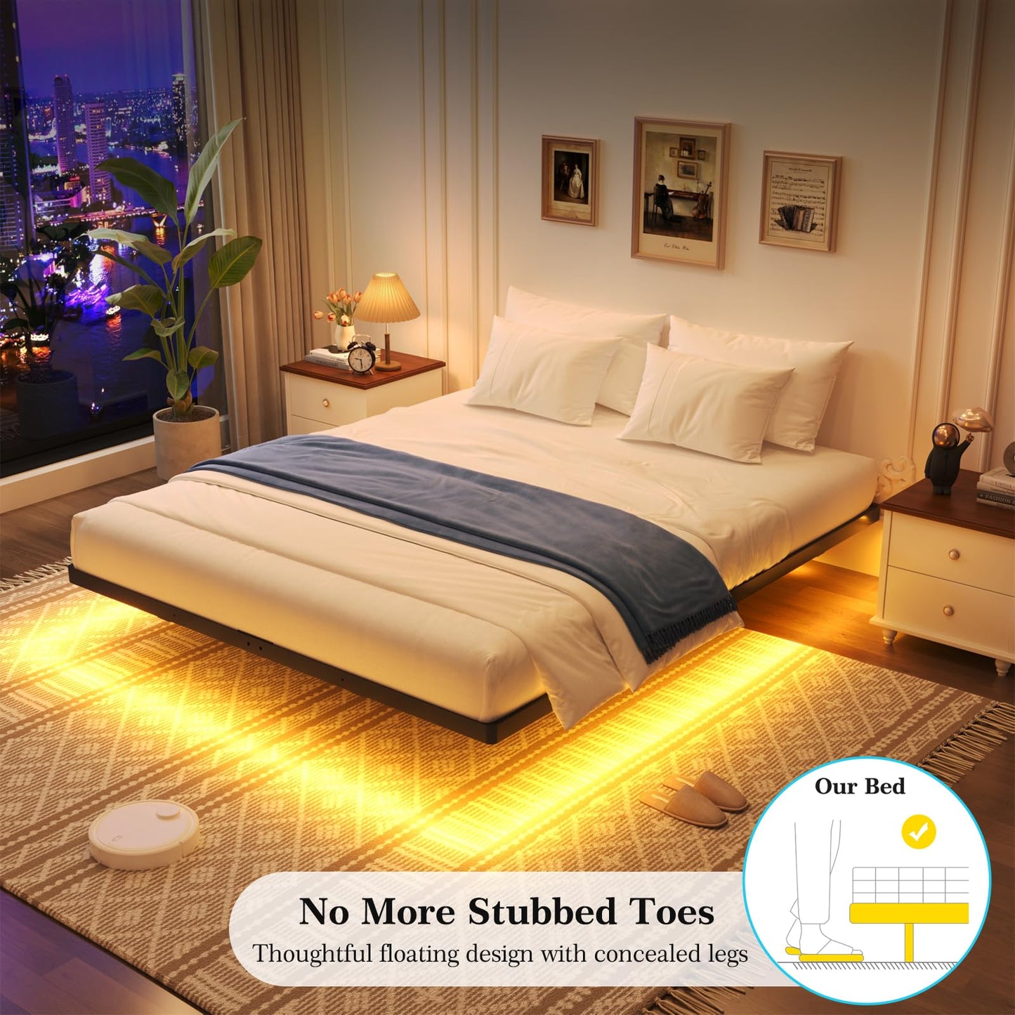 Awesofurni Floating Bed Frame Full Size, Full Bed Frame with Smart LED Lights, Heavy Duty Modern Metal Platform Bed No Box Spring Needed - Easy Assembly and Noise Free