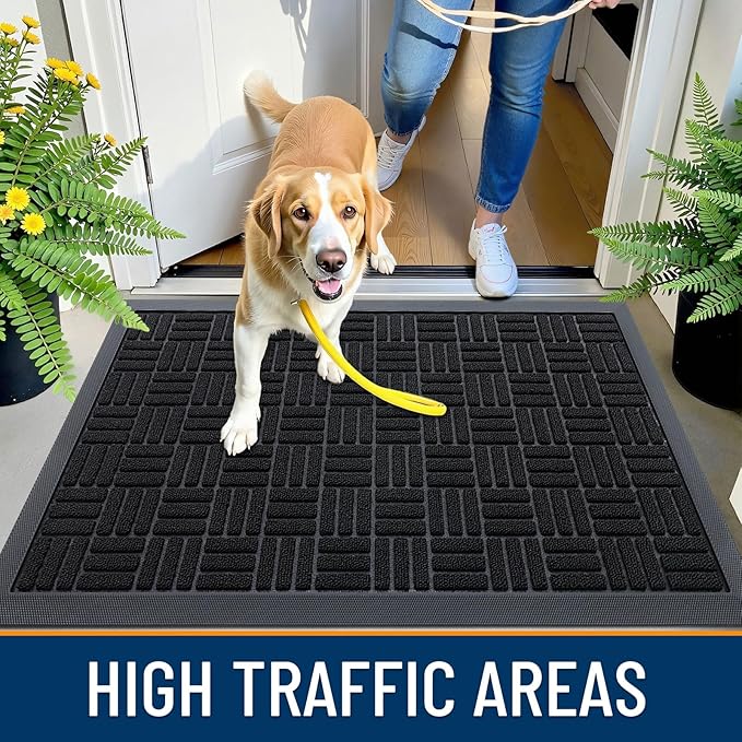 OLANLY Front Door Mat Outside Entrance 59x34, Absorbent, Heavy Duty Sturdy Natural Rubber Doormat Indoor Outdoor, Stain and Fade Resistant, Non-Slip Backing Low Profile Floor Mat for Entryway, Black