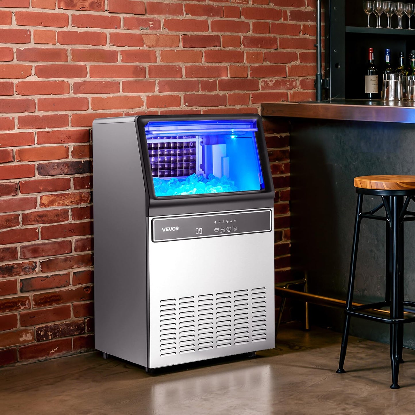 VEVOR Commercial Ice Maker Machine, 120 lbs/24H Ice Production, 33 lbs Storage Bin, 45 Cubes per Cycle, Stainless Steel Under Counter & Freestanding Ice Maker with LED Display, for Home Bar Restaurant