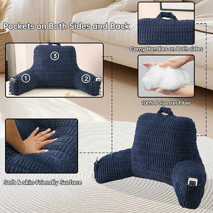 PAJEO Reading Pillow for Sitting in Bed, Large Backrest Reading Pillow with Arm Rest,Back-Rest Support Cushion for Sit Up on Couch, Sofa, and Floor, Dorm Essentials (Dark Blue Corduroy, Large(19"))