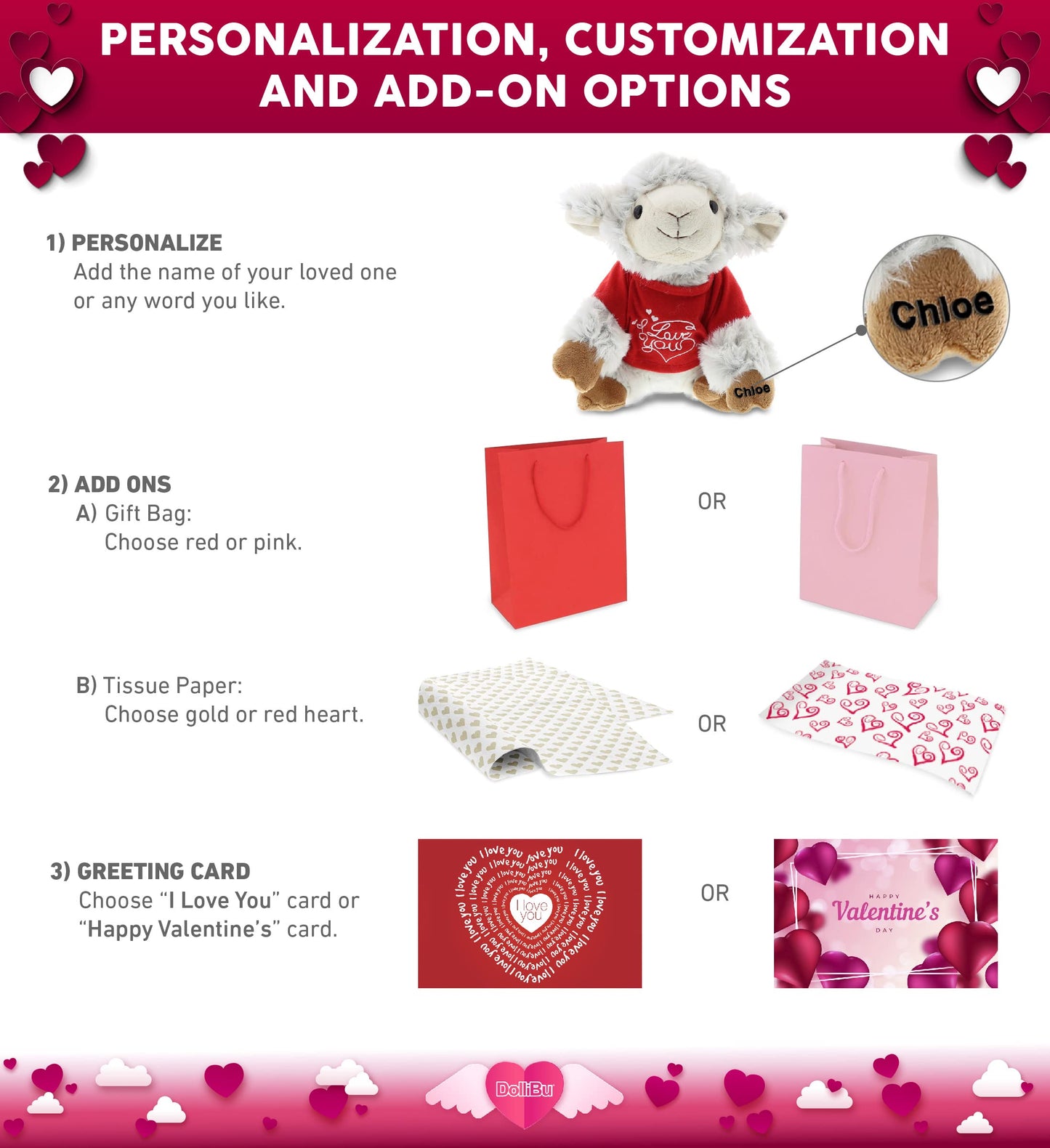 DolliBu I Love You Valentine Plush Squat Sheep - Cute Stuffed Animal with Red Shirt and Name Personalization Gift for Valentines Day, Birthday, Anniversary, Romantic Date - 8 Inches