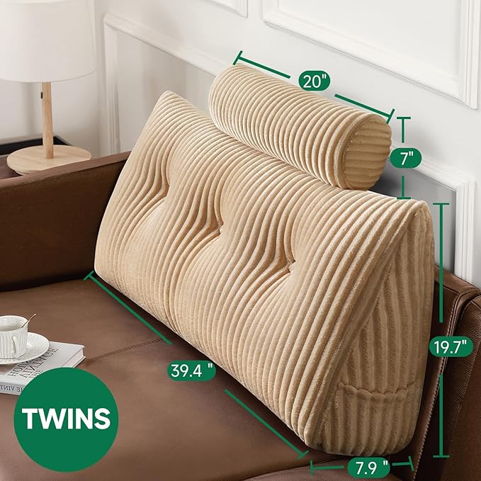Z-hom Large Wedge Pillow Headboard, Twin Triangular Headboard Pillow, Reading Pillow Bed with a Roll Pillow for Bed Sitting Up Sleeping, Backrest Cushion Headboard Gap Pillow for Back,Beige