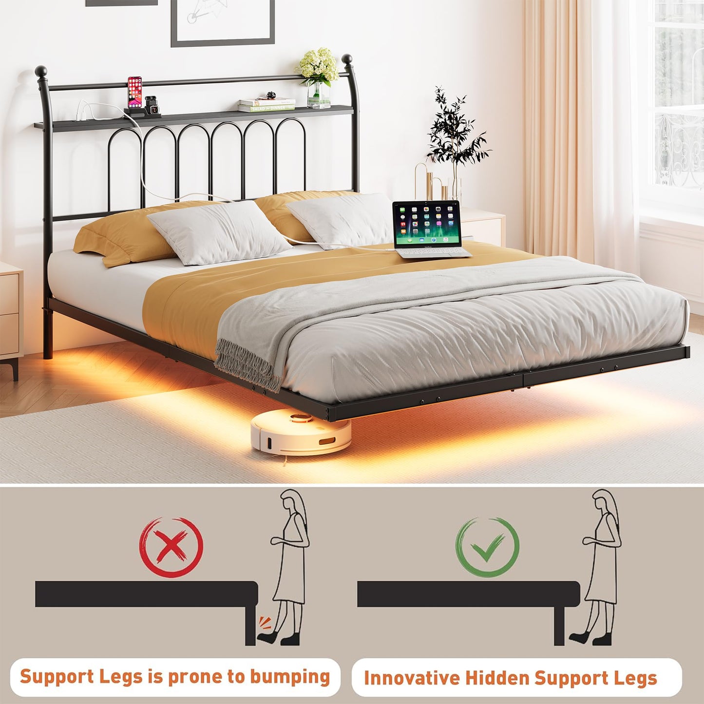 VERFARM Floating Double Bed Frame with USB Charging Station, LED Bed Frame with Wood Storage Headboard, Metal Platform Bed Frame Full Size, No Box Spring Needed, Steel Slat Support, Easy to Assemble