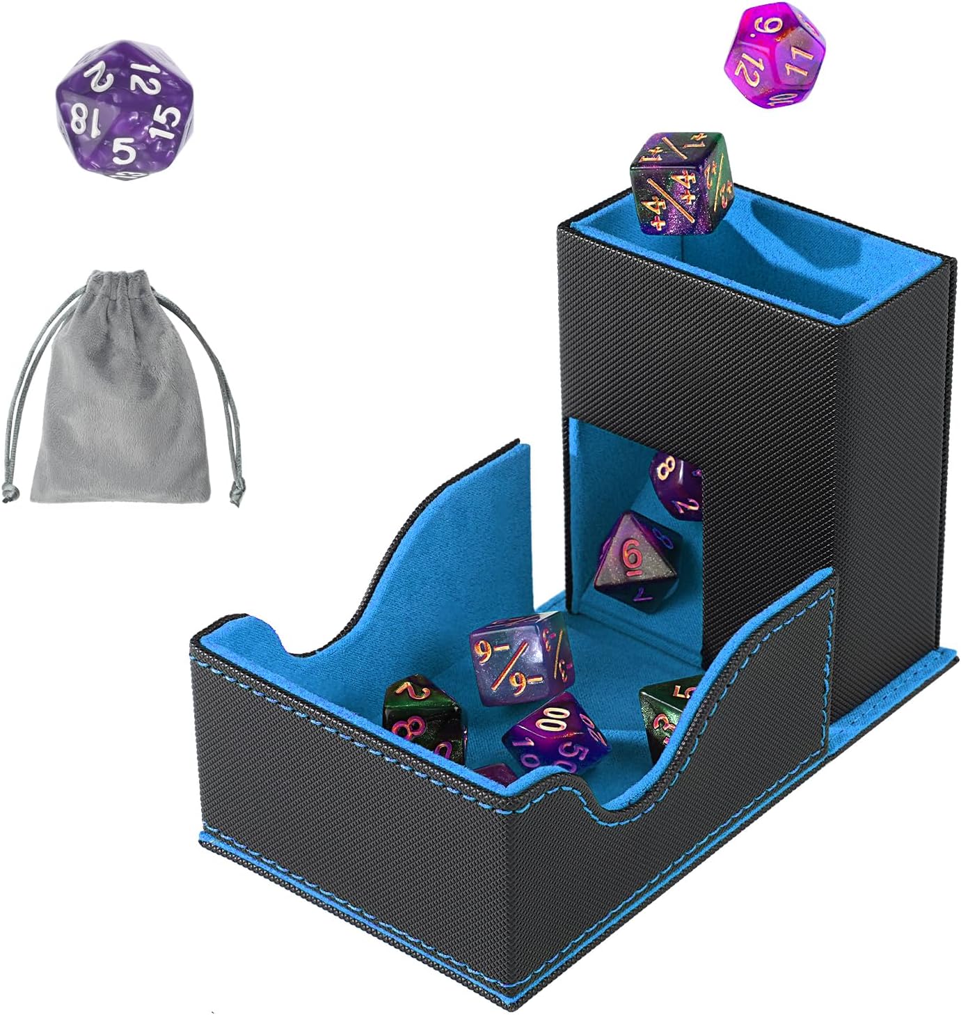 Dice Roller Tower, Premium DND Magnetic Dice Tray, Foldable PU Leather Dice Tower RPG Gifts for Dungeons and Dragons MTG Dm & Player Black/Blue