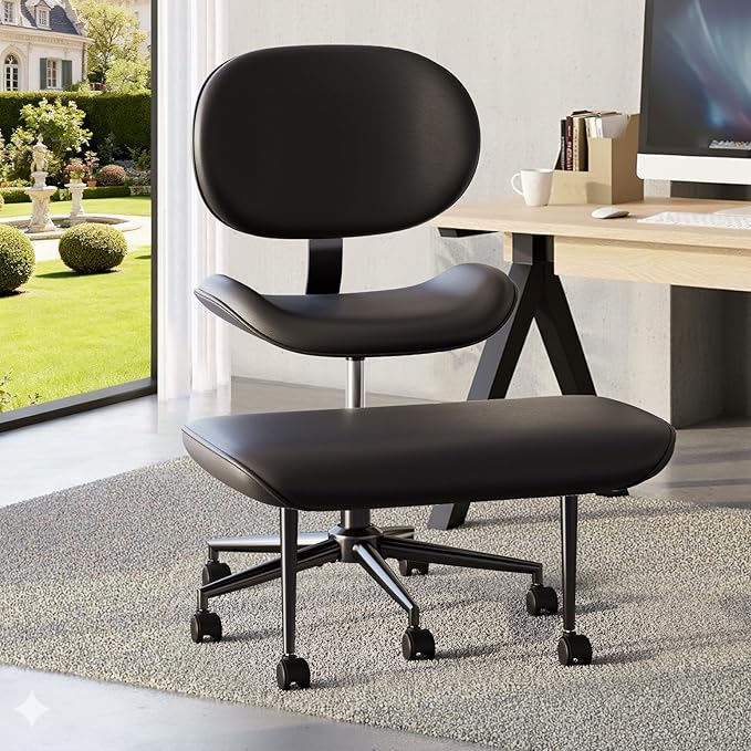 Cross Legged Office Chair with Wheels for ADHD, Ergonomic 360° Swivel Height-Adjustable Meditation Chair for Yoga, Wide Kneeling Chair with Strong Lumbar Support, PU Leather, Black