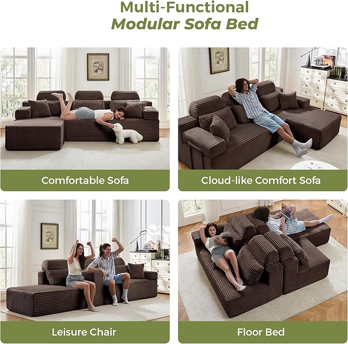 ZQRhome 104" L Shaped Boneless Couch Sectional Sofa with Chaise & Headrest, Boneless Deep Seat Plush Corduroy Couches for Living Room, No Assembly Required (Brown, 104" L-shapred Chaise)