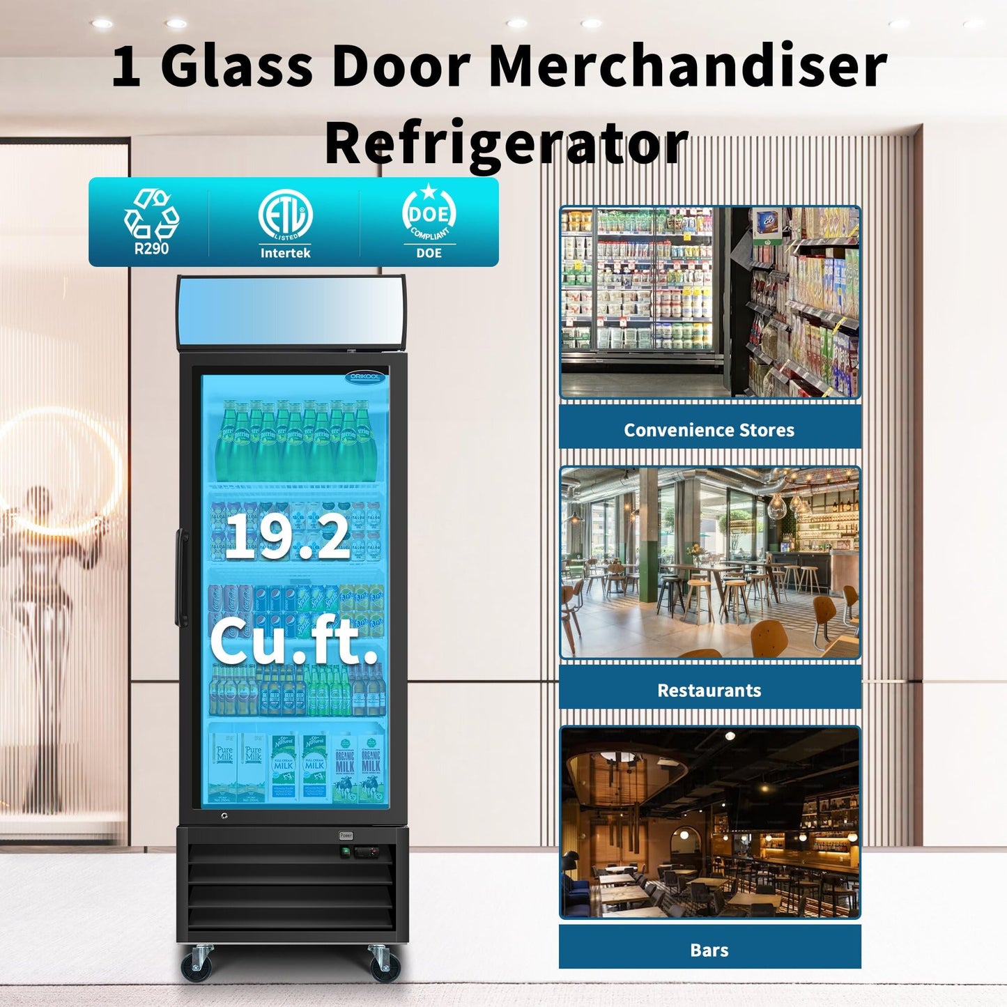 19.3 Cu.ft Commercial Refrigerators Glass Door Display Beverage Refrigerators Commercial with Adjustable Reinforced Shelves and Defrost System,LED Light,for Restaurant Grocery Stores Home,Black