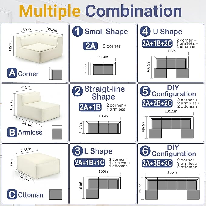 38“ Modular Sectional Sofa Convertible Cube Compressed Couch Seat Set, Combine L-Shaped U-Shaped, Free Assembly, Space-Saving for Living Room, Thick Foam Fabric Chenille Beige White (Only Ottoman)