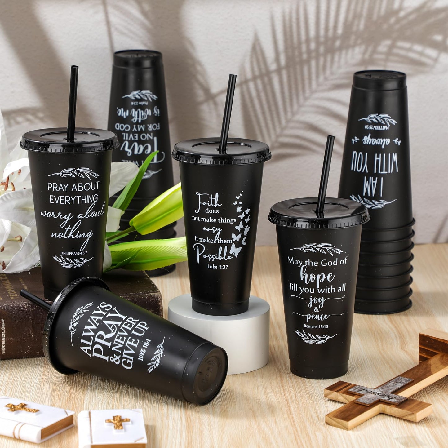 Havawish Inspirational Christian Gift Bible Verse Tumbler Bulk 24 oz Drinking Tumblers with Lid Straw Religious Plastic Cup for Grandparent Day Women Men Sunday School Church Xmas(Black,24)