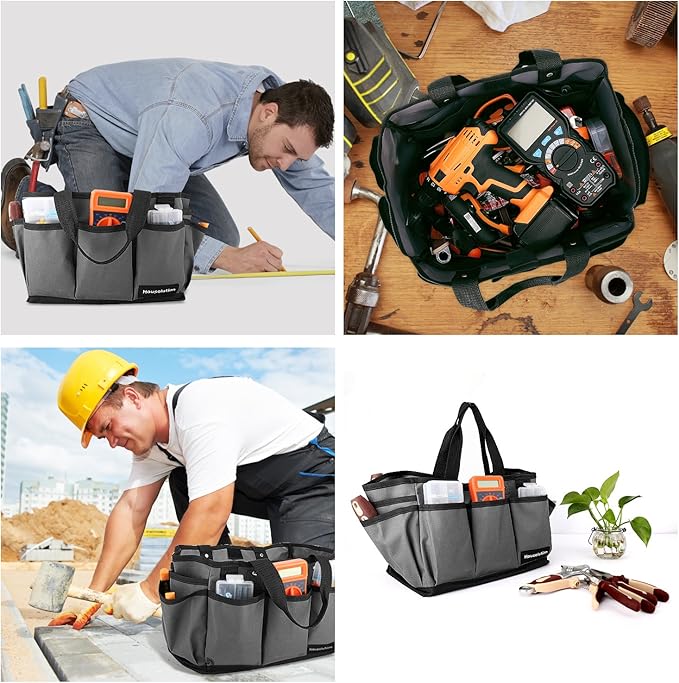 Housolution Gardening Tote Bag, Deluxe Garden Tool Storage Bag and Home Organizer with Pockets, Wear-Resistant & Reusable, 14 Inch, Gray + Black