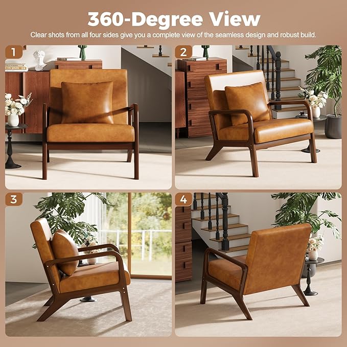 ELUCHANG Mid-Century Modern Chair,Upholstered Accent Chair Reading Arm Chair with Cushion & Lumbar Pillow & Solid Wood Frame for Lounge, Living Room, Bedroom, Office, Brown-PU Leather, 2PCS