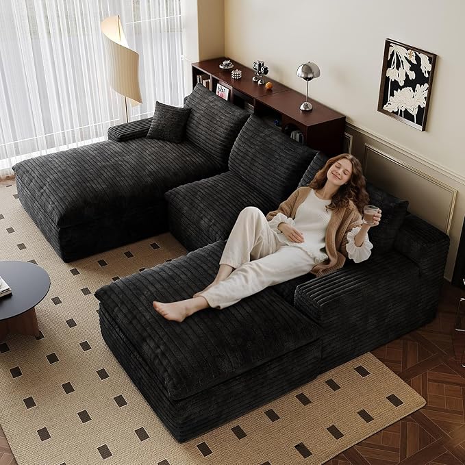107" Cloud Sectional Couch U-Shaped Chaise with Ottoman, Corduroy Boneless Couch for Living Room Bedroom, Deep-Seat Upholstered Modular Cloud Sofa, No Assembly Required (Black, Left Facing Chaise)